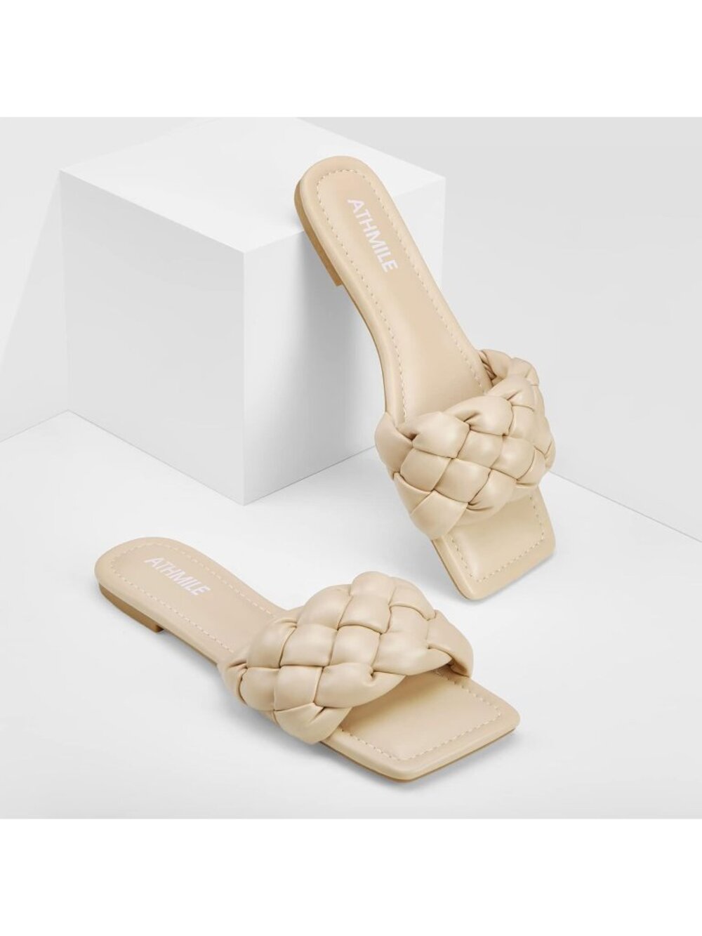 Women's Beige Leather Causal Slip on Square Open Toe Fashion Slide Flat Sandals - Picture 6 of 6